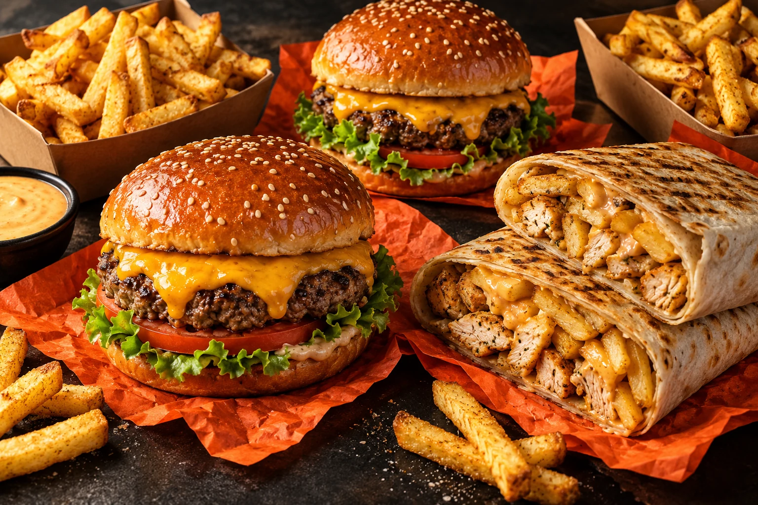 Composition illustrative de street food à partager : tacos, burgers, sandwichs et frites